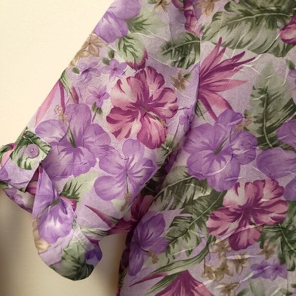 Bonworth Button Down Shirt Size M Purple Blouse Short Sleeve Hibiscus Hawaiian - Picture 3 of 6